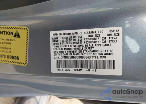 2012 Honda Odyssey Ex-L z USA, uszkodzony, nr VIN 5FNRL5H68CB098043